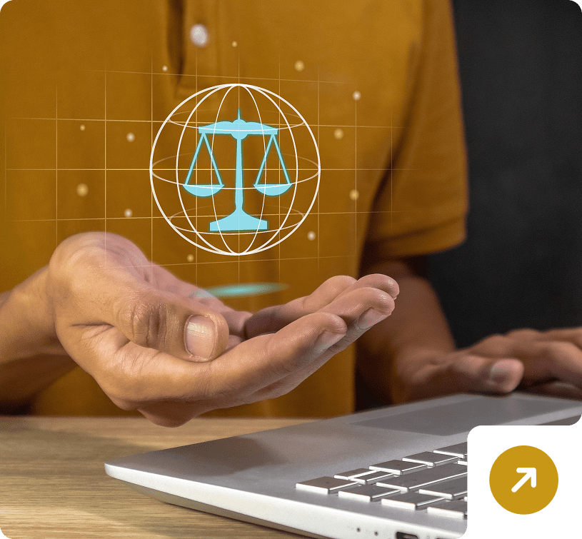 Hand holding digital scales of justice hologram
