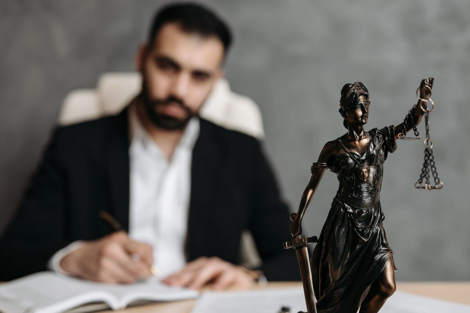 Legal professional with Lady Justice statue